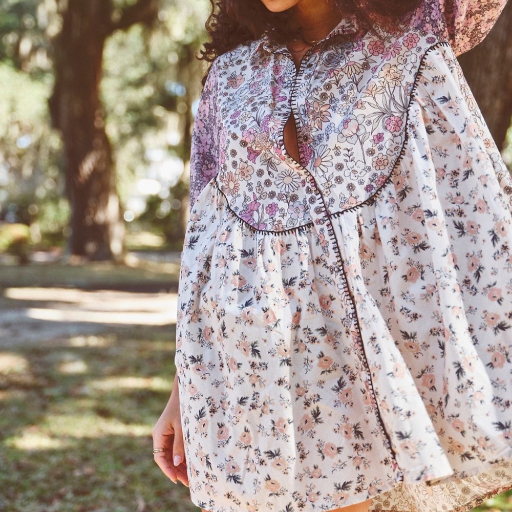 Free People Purple and Cream Mini Dress with Floral Print